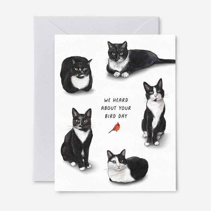 Bird Day Tuxedo Cats | Funny Birthday Greeting Cards for wholesale by Artful Pixels