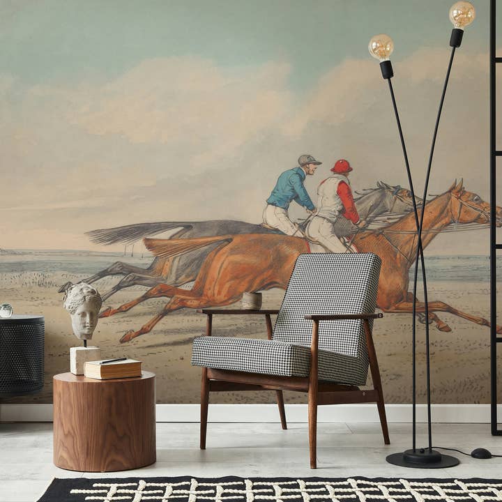 Fresque Murale Vintage de Courses de Chevaux : Fresque de Deux Jockeys pour la vente par SimurgWallArts