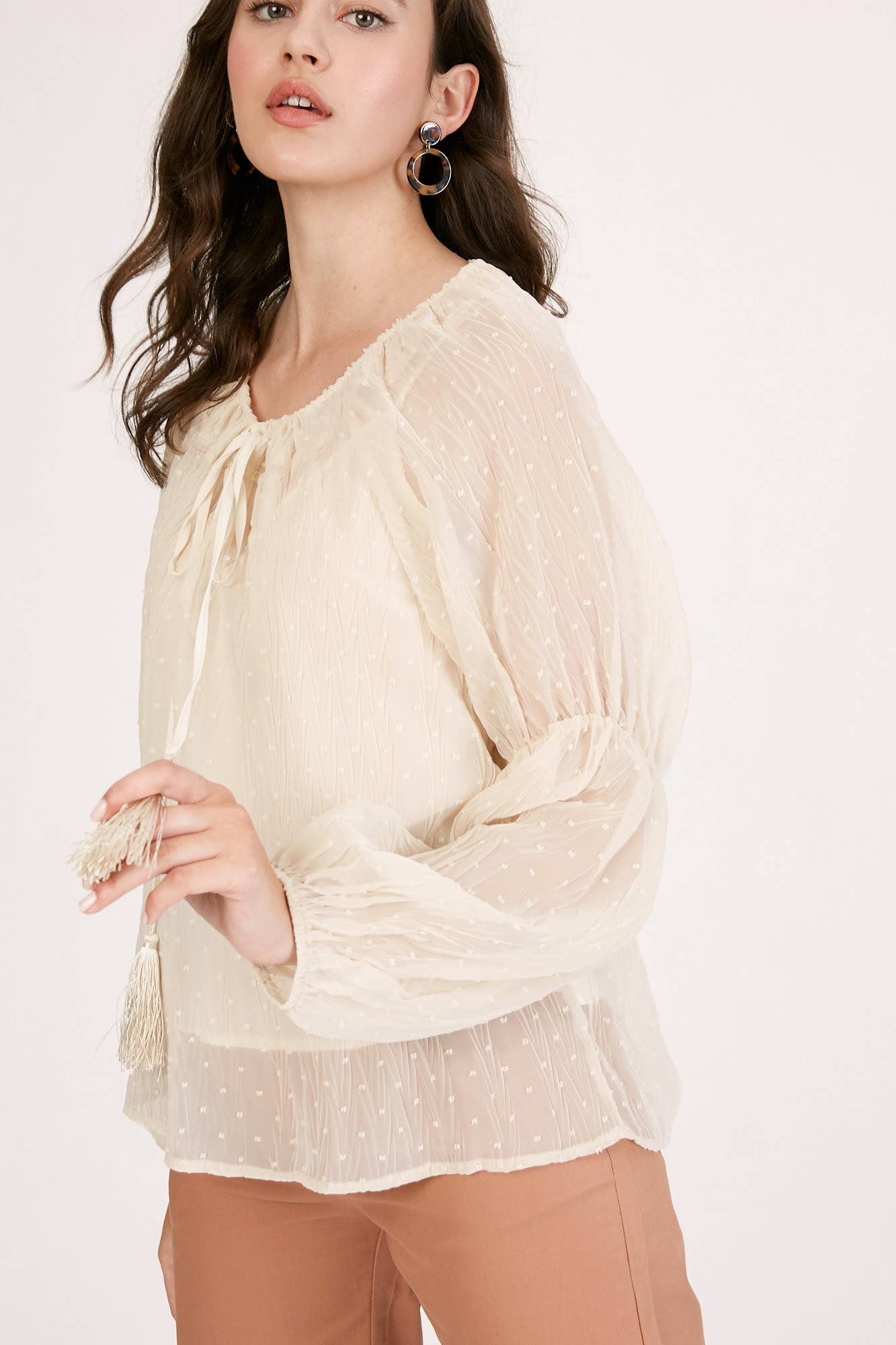 Champagne Swiss Dot Tassel Tie Blouse LT1016 for wholesale on Faire7