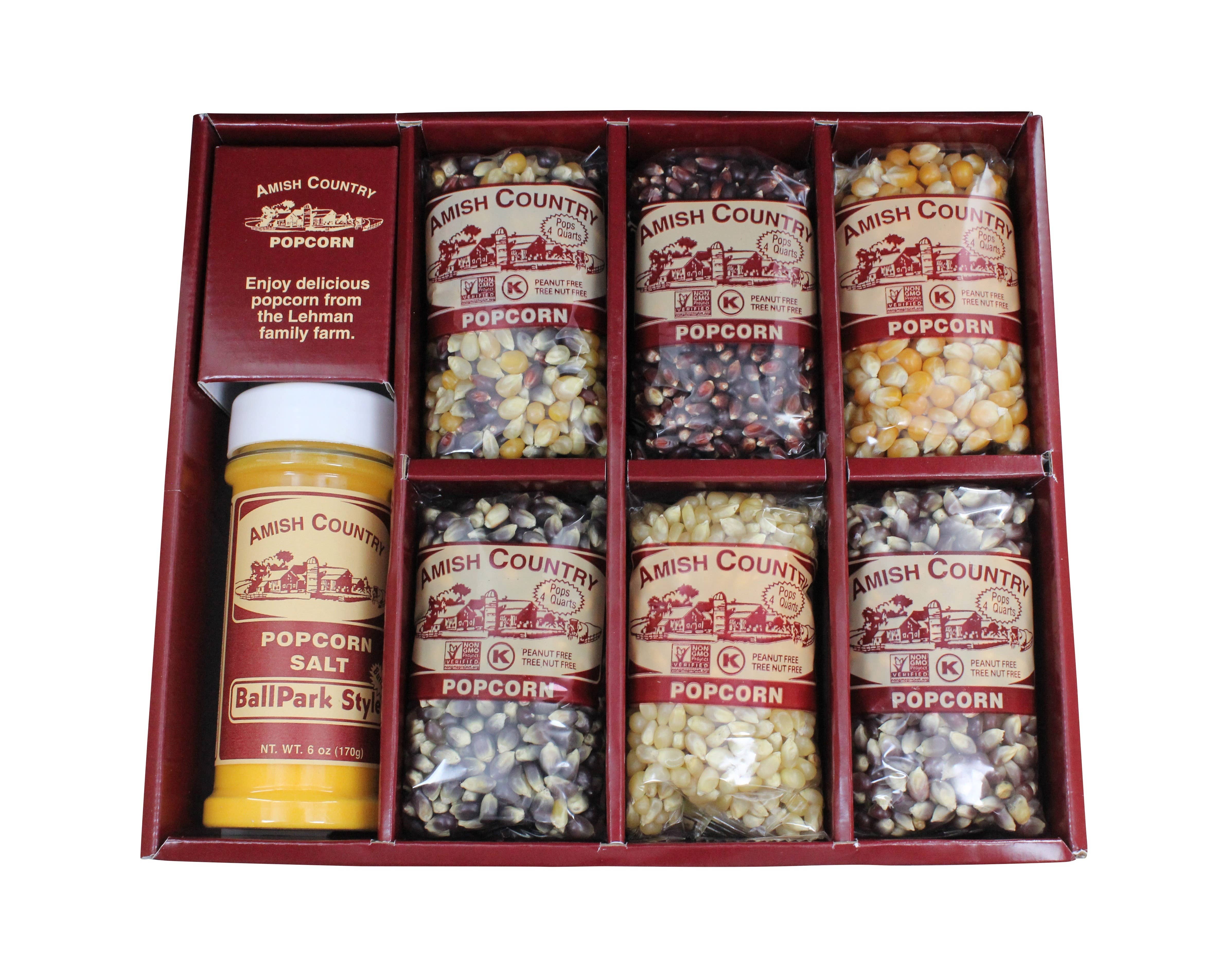 Amish Country Popcorn - Wholesale Popcorn - 6/4oz Popcorn Variety Gift Box with 5.5oz Buttersalt4