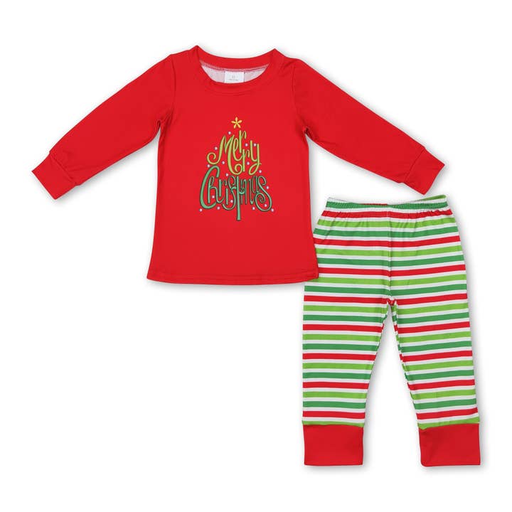 Merry Christmas red top stripe pants boys pajamas for wholesale by Yawoo Garments