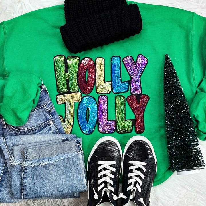 Sequin Holly Jolly Chenille Irish Green Crewneck Sweatshirt for wholesale by Trendy Tee Co.