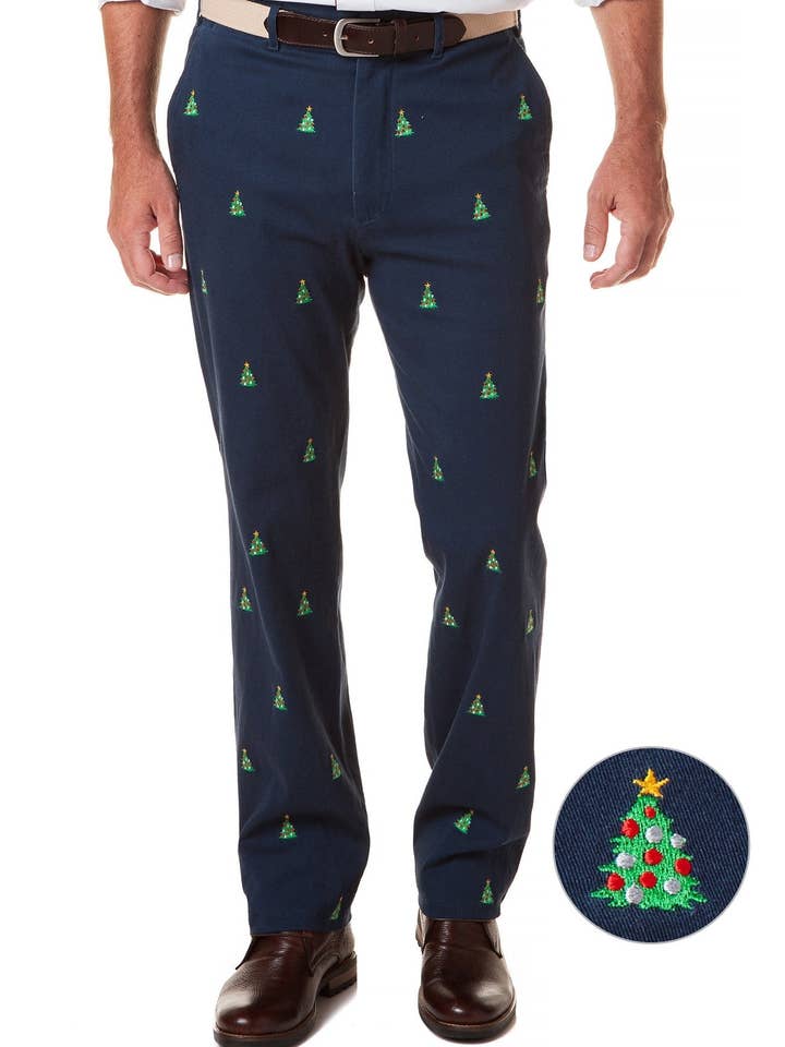 Harbor Pant Stretch Twill Nantucket Navy with Christmas Tree for wholesale by Castaway Clothing Nantucket Island
