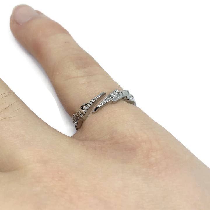 Iced Lightning Bolt Adjustable Ring | Thunder Spark Silver for wholesale by Gifts From The Crypt