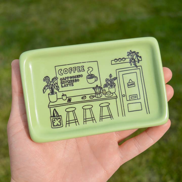 Green Trinket Dish with Coffee Illustration, Jewellery Dish for wholesale by Jake Thomas Parker
