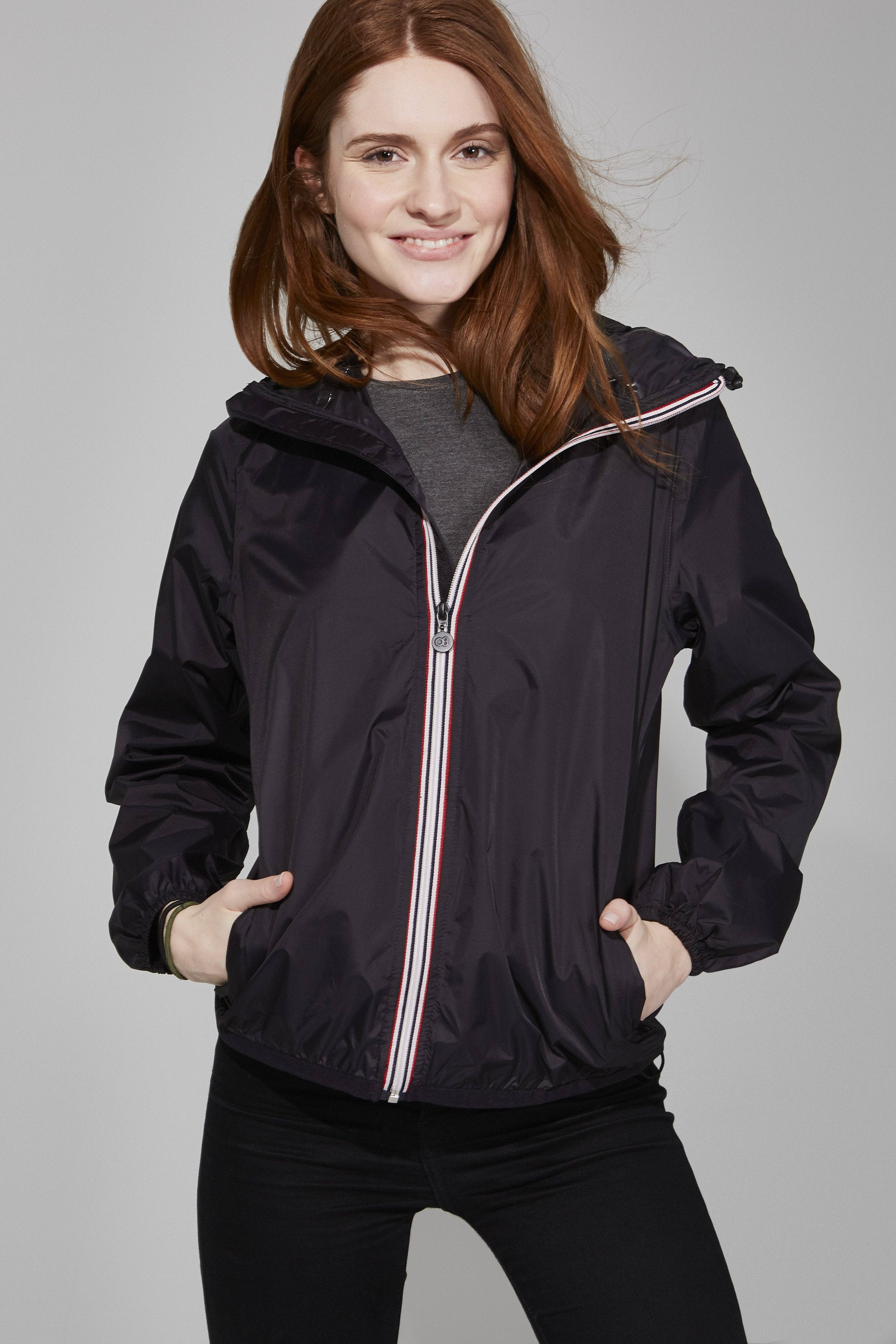 Women Boyfriend fit - Black Full Zip Packable Rain Jacket for wholesale on Faire2