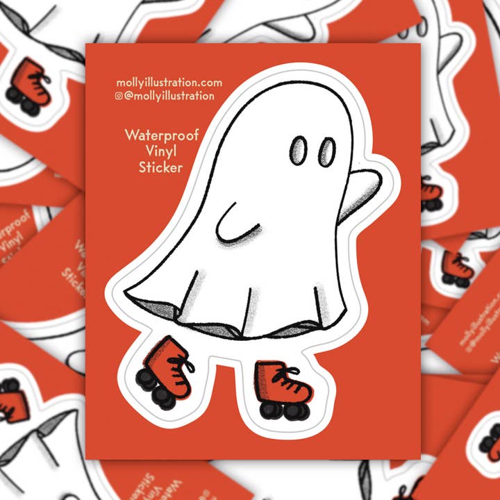 Rollerskating Ghost Waterproof Vinyl Sticker for wholesale by Molly Illustration