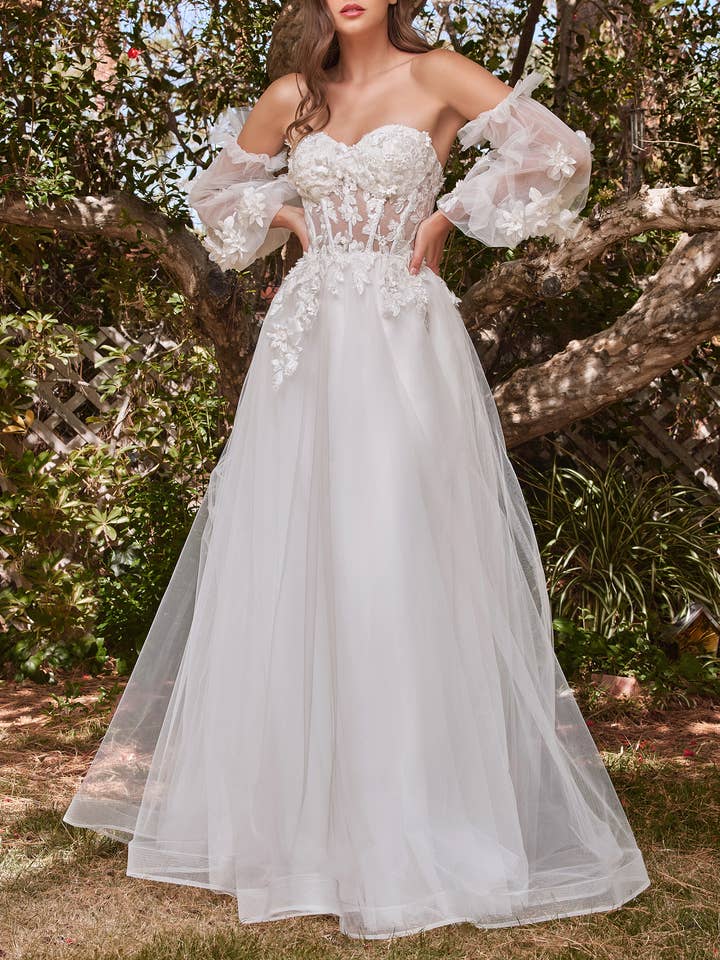 LACE STRAPLESS LAYERED TULLE BALL GOWN WITH PUFF SLEEVES for wholesale by Ladivine by Cinderella Divine