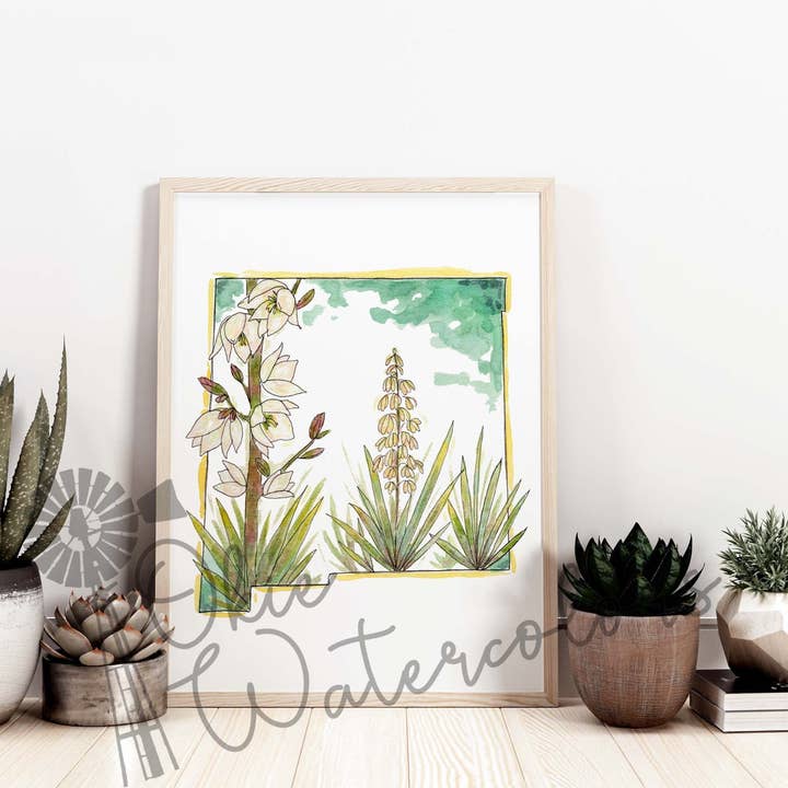 New Mexico State Silhouette With Yucca Blossom, State Flower Watercolor Art Print, State Flower Of New Mexico Art, Yucca Desert Flower Art for wholesale by Okie Watercolors