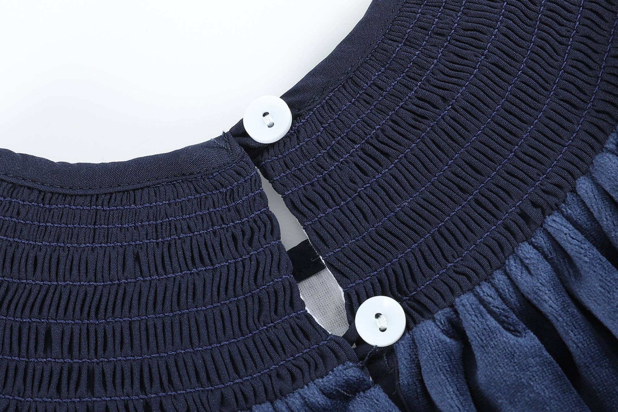 Lil Cactus – Vestido - Crianças por atacado – Vestido Bispo Fumado em Veludo Azul Marinho3