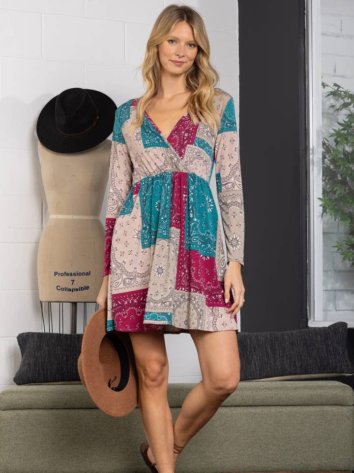 MULTICOLOR PATCH WORK WARP LONG SLEEVES MINI DRESS-VC5735 for wholesale by Stylish Wholesale