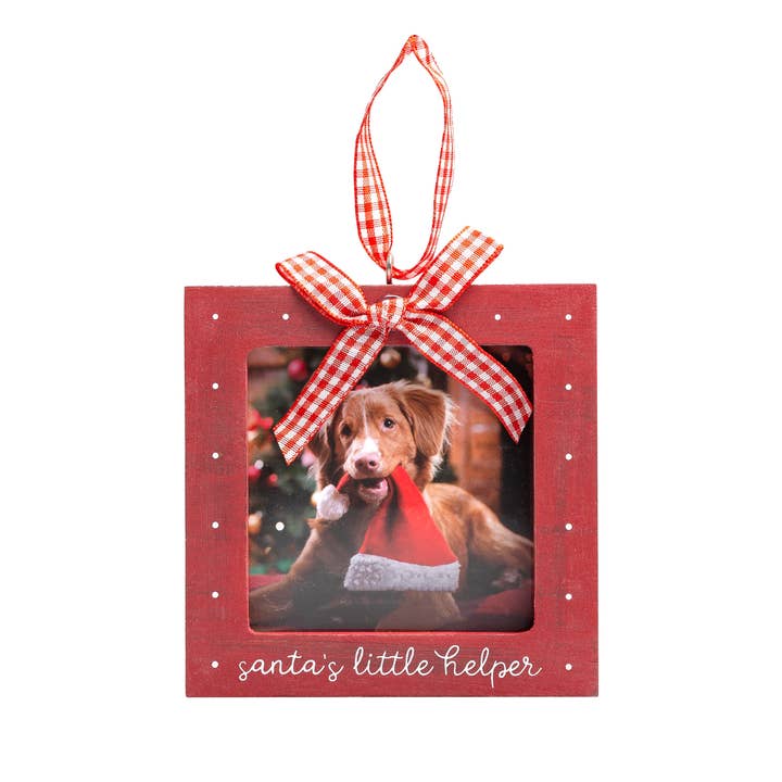 Santa’s Little Helper Pet Holiday Picture Ornament for wholesale by Kate & Milo