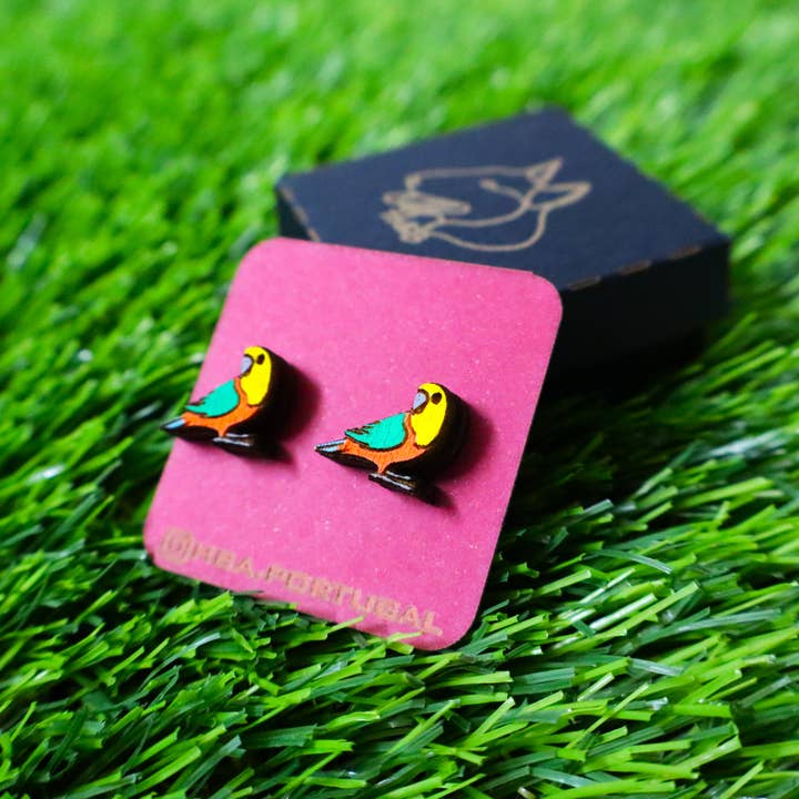 Herbs&Belles - Venta al por mayor Pendientes de botón/aretes de poste - Pendientes de madera pintados a mano con pareja de loros coloridos1