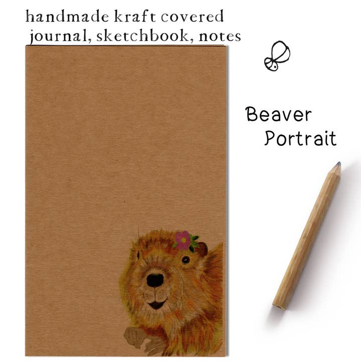 Handmade Kraft Covered Journal - Beaver portrait for wholesale by Caroline Scagel Studio