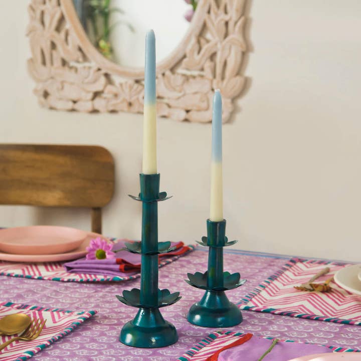 Lotus Bloom Tapered Green Candleholders for wholesale by Mela Artisans