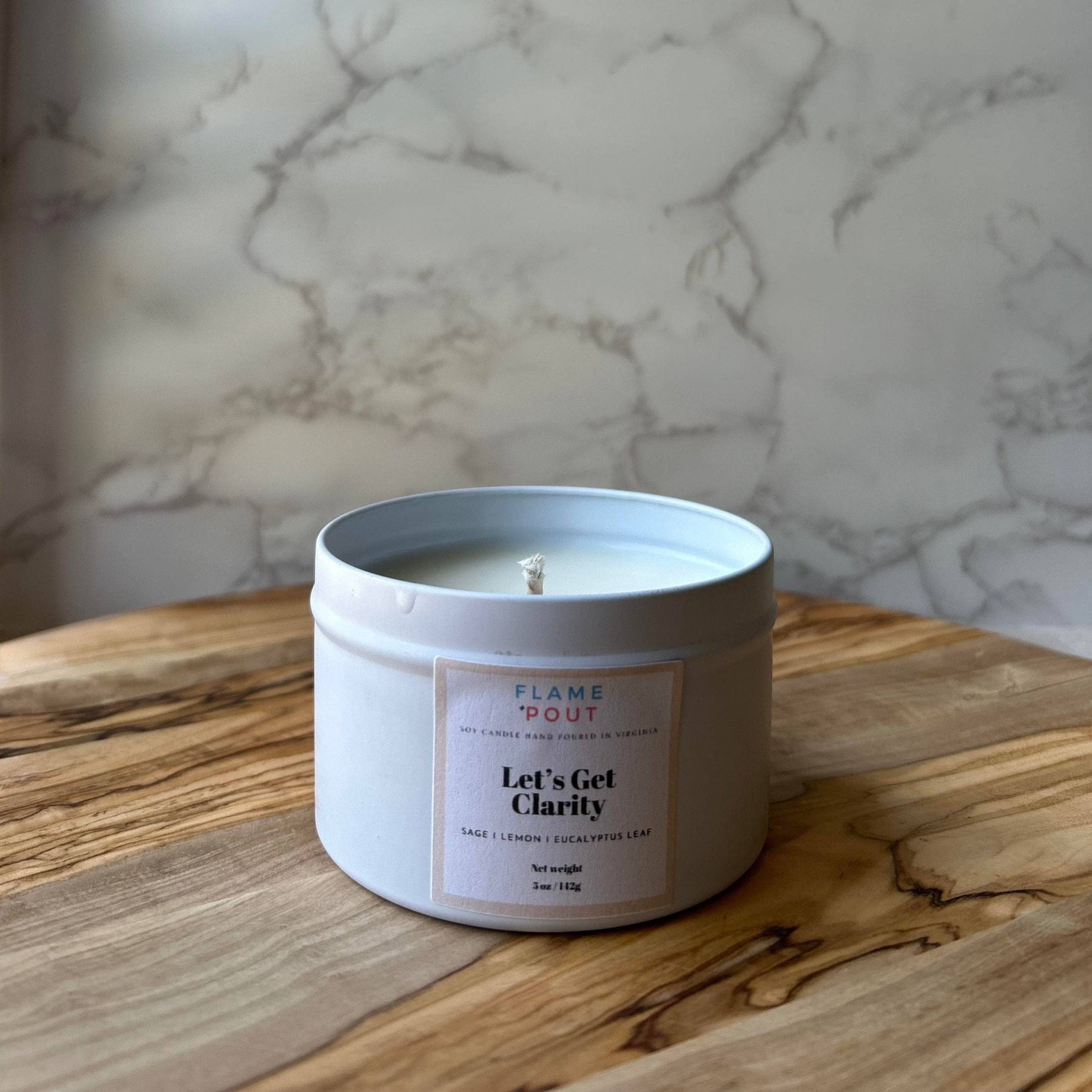 Flame + Pout - Wholesale Travel Candles - Let's Get Clarity - Clean Lemon, Sage, Eucalyptus Soy Candle0