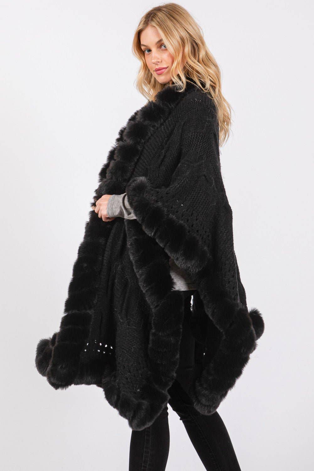 MiMi Wholesale - Wholesale Cape - Women's - MS0408 Faux Fur Trim Cape With Closure1