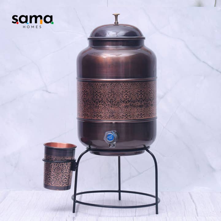 Pure Copper Water Dispenser with Glass and Stand Antique Engraved Designed Combo. for wholesale on Faire4
