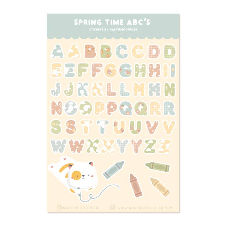 Springtime ABCs Sticker Sheet for wholesale by Naptime Doodler