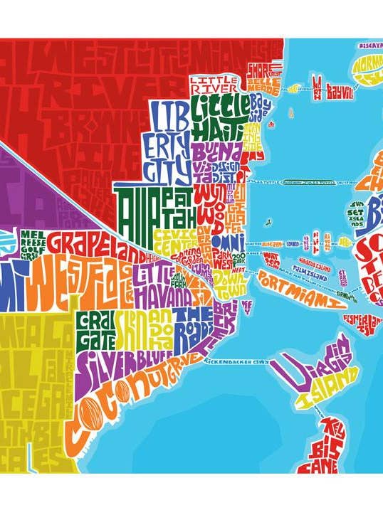 Miami Neighborhood Type Map for wholesale by LOST DOG art & frame