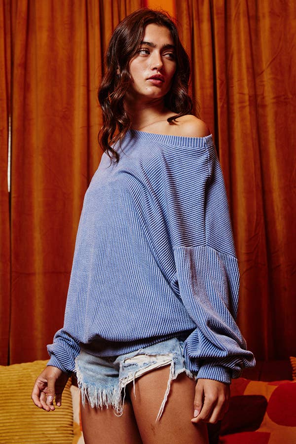 BUCKETLIST INC - Wholesale Sweatshirt - Women's - T1951  Stripe Textured Knit Comfy Sweatshirt11