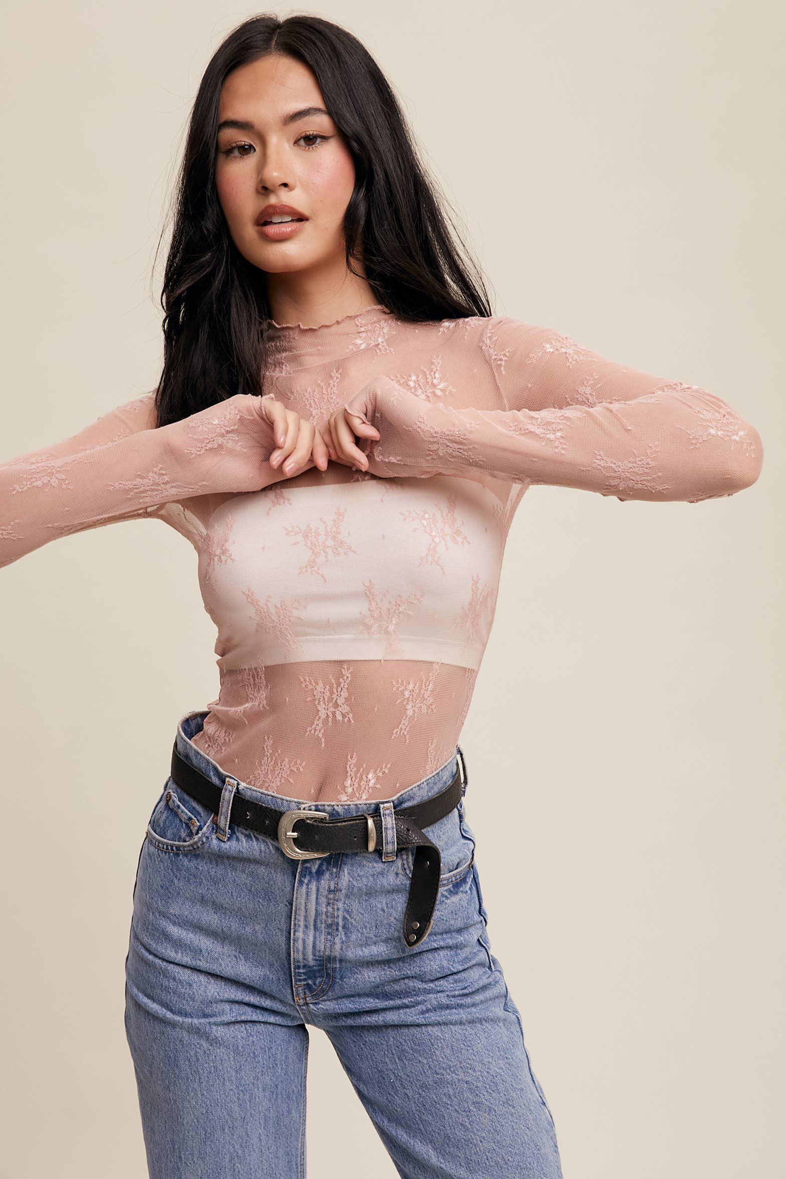 Listicle - Wholesale Blouse - Women's - Sheer Lace Long-Sleeve Top48