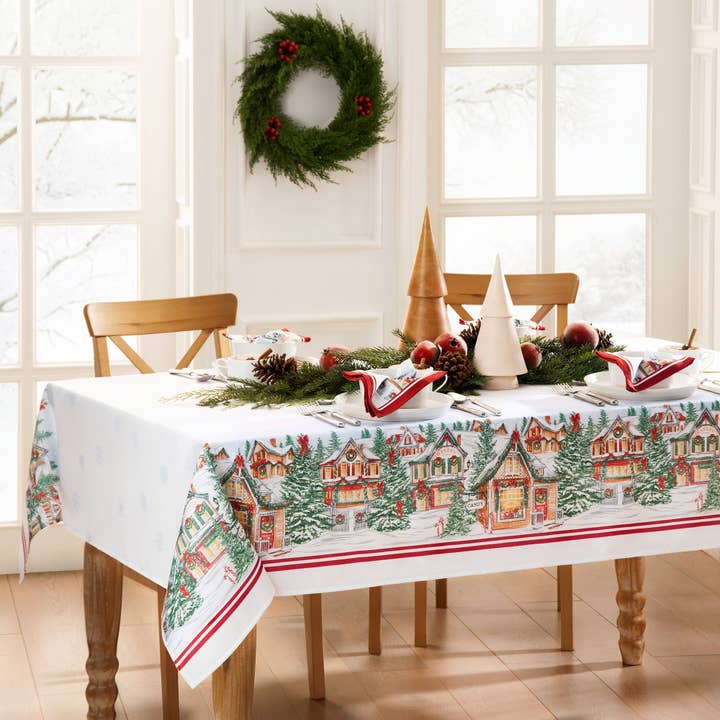 Storybook Christmas Village Holiday Tablecloth for wholesale by Threadmade Home