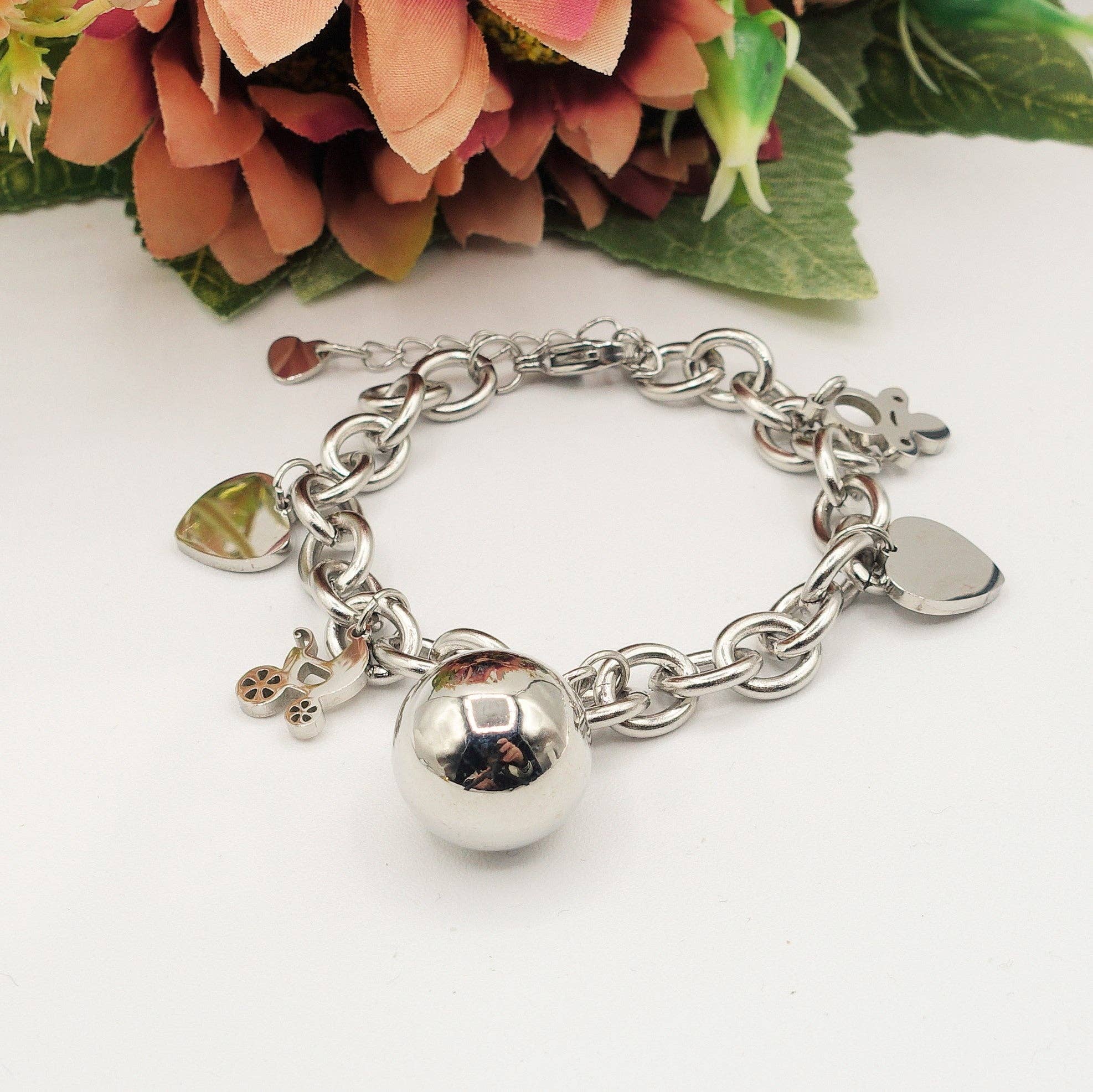 Daemon srls - Vendita all'ingrosso Braccialetto con ciondolo/pendente - Bracciale Baby in acciaio inossidabile con pallina chiama angeli e ciondoli nascita4