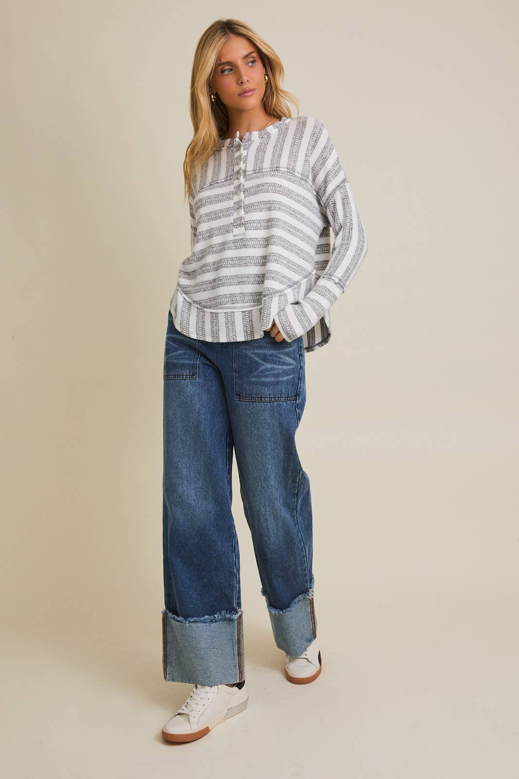 LONG SLEEVE BUTTON DOWN RAW EDGE STRIPE TOP for wholesale on Faire3