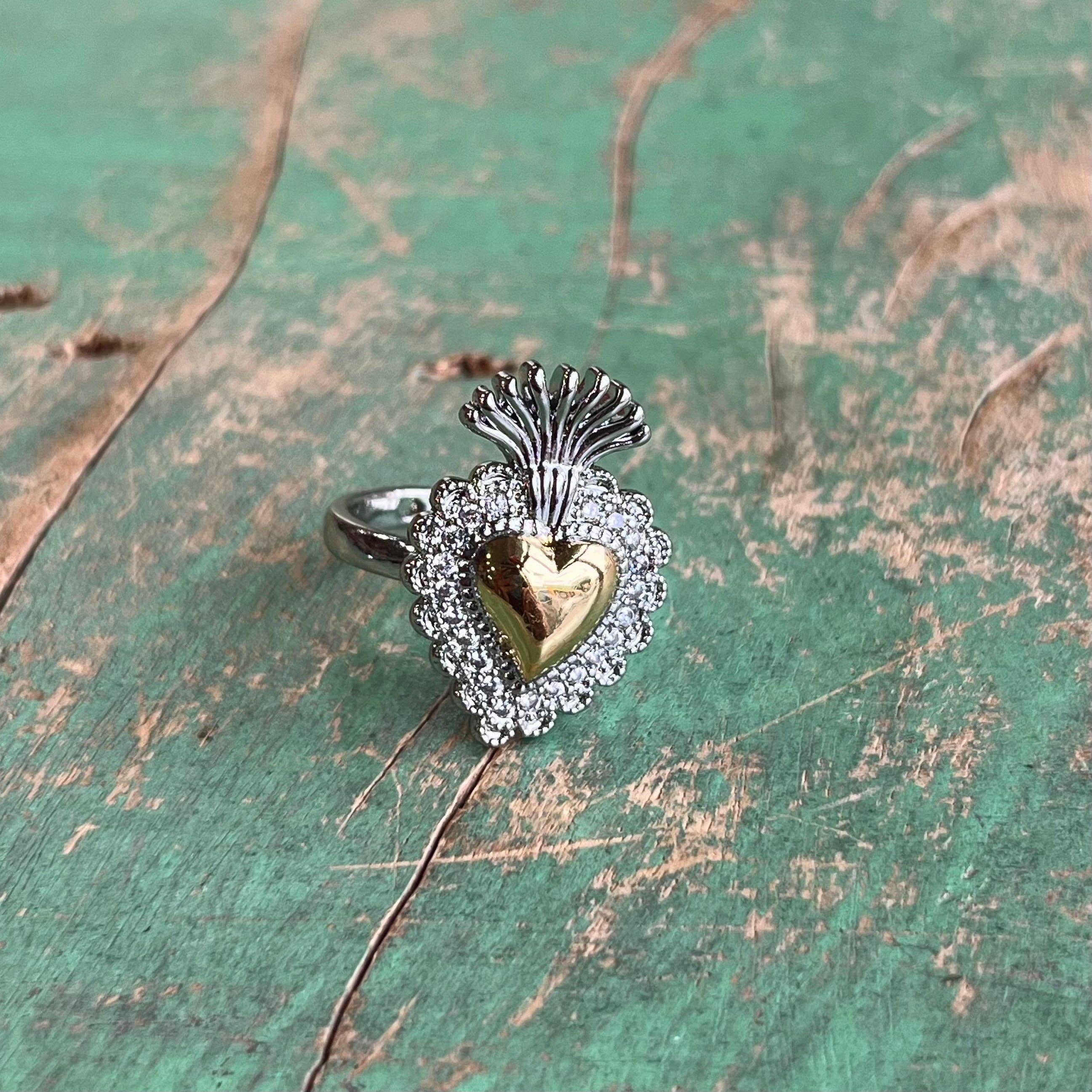 Love and Honor Jesus LLC - Wholesale Band/Stacked Ring - Adjustable Two Tone CZ Sacred Heart Ring1