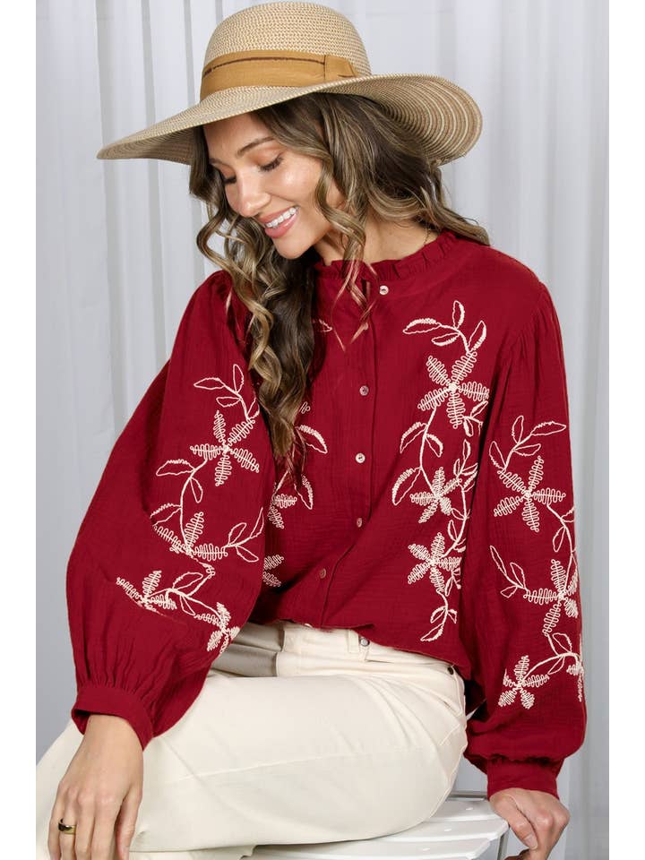 Vine & Love - Wholesale Blouse - Women's - Floral Embroidered Ruffle Neck Bohemian Blouse VT83000