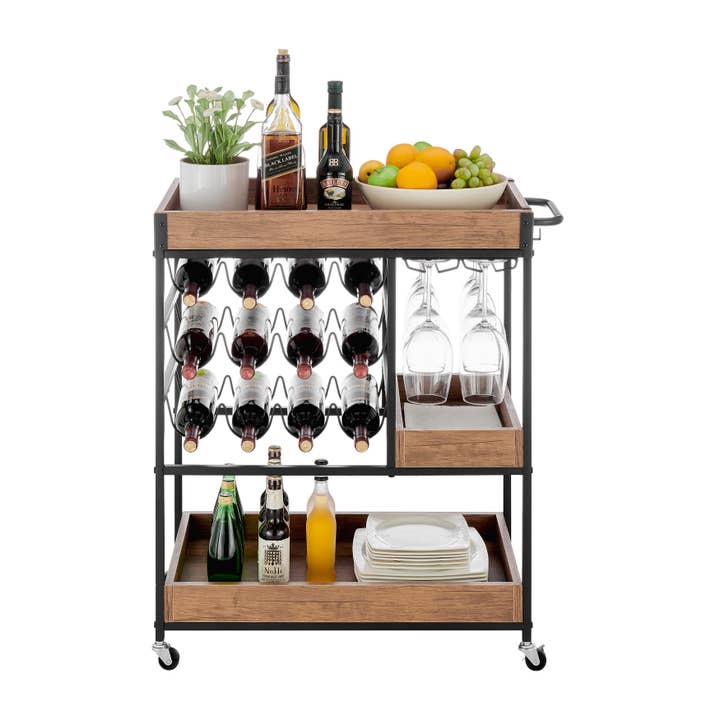 Danya B – wholesale Bar trolley – Walnut Veneer Metal Rolling Wine Bar Cart with Storage Rack