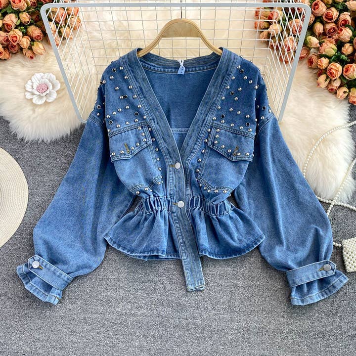 Blue Women Fashion Beaded V-Neck Long Sleeve Denim Jacket for wholesale on Faire1