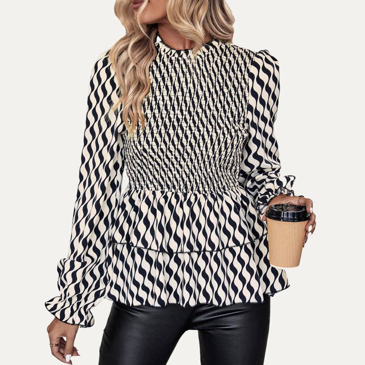 Impressive Beige Printed Long Sleeve Smocked Peplum Top for wholesale by The Moment Collection
