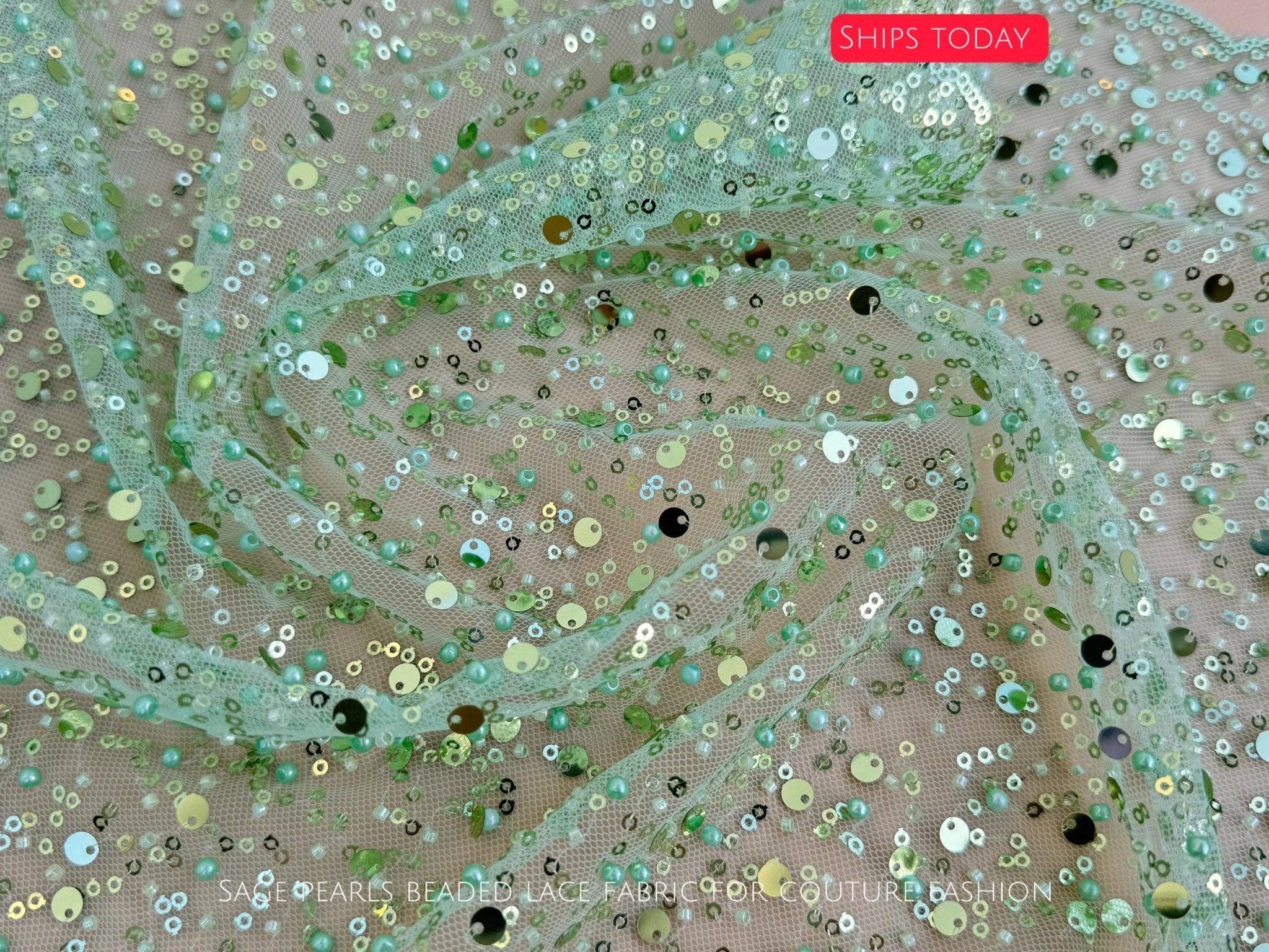 GalaTextile - Wholesale Craft Supplies - Sage Green Beaded Lace Fabric by Yard | Embroidered with Pearls & Sequins Mesh | Bridal Dresses, Gowns, Veils, Table Decor0