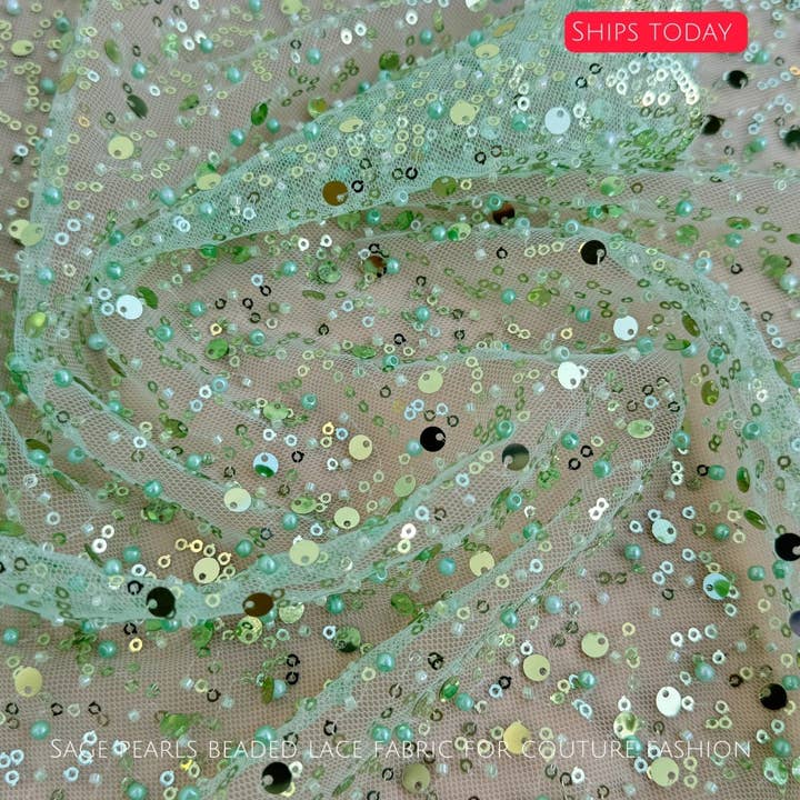 GalaTextile - Wholesale Craft supplies - Sage Green Beaded Lace Fabric by Yard | Embroidered with Pearls & Sequins Mesh | Bridal Dresses, Gowns, Veils, Table Decor