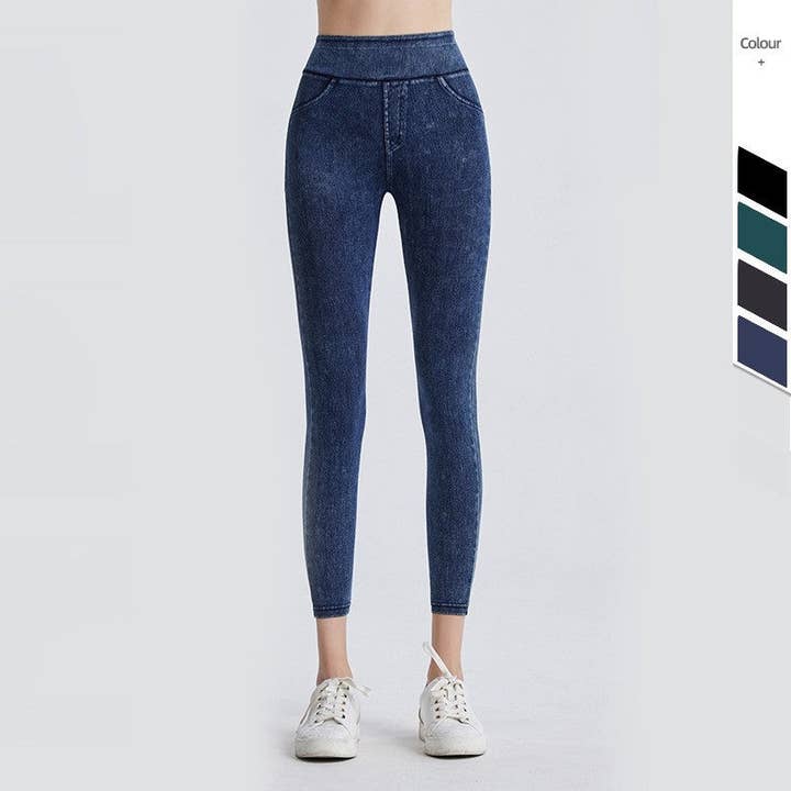 FurDecoration - Wholesale Athletic/Lounge Leggings - Women's - High Waist Fleece-Lined Sporty Denim Leggings5