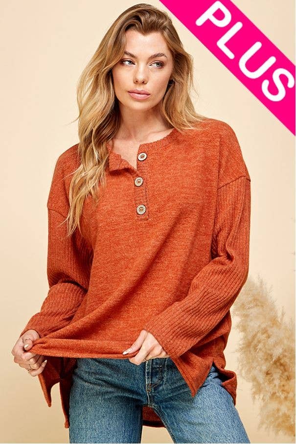 SPT5204P -PLUS SIZE-WOMEN KNIT LONG SLEEVE BUTTON UP LOOSE TOP -Packaged 2-2-2 (1X2X3X)