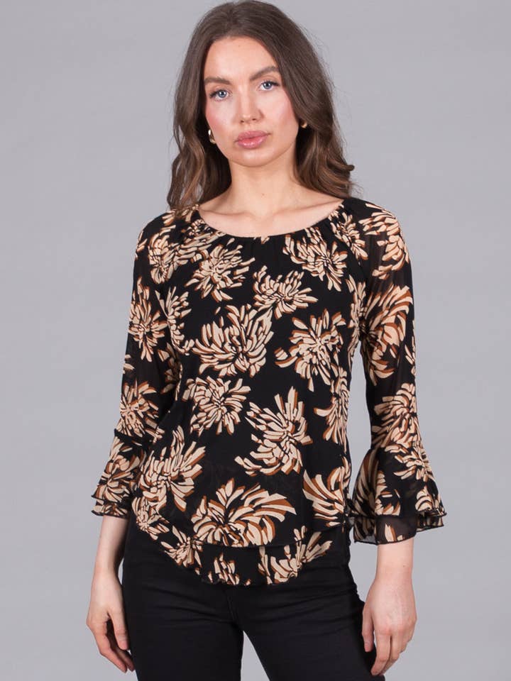 Floral Print Sheer Top with Ruffle Cuffs for wholesale by SOLO