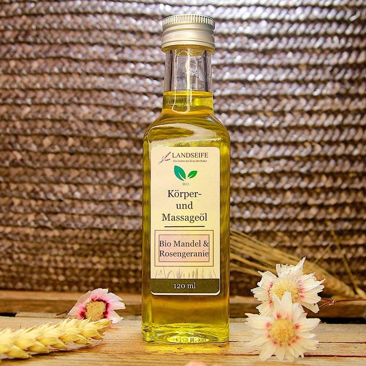 Ekologisk mandel- och rospelargonolja för kropp och massage för wholesale av Landseife