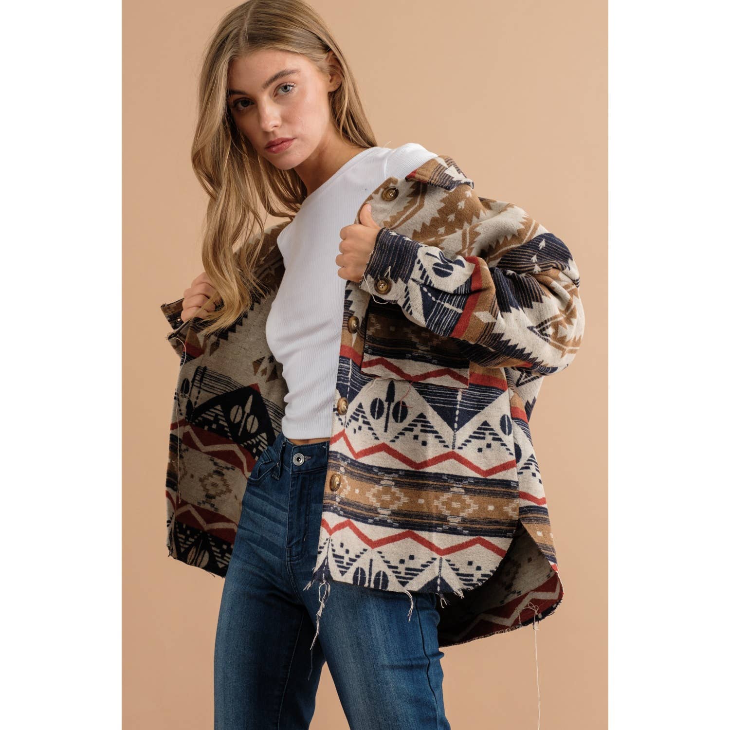Sweet Generis – wholesale Shirt Jacket/Shacket - Women’s – TRIBAL AZTEC PATTERN BUTTON DOWN SHIRT JACKET10