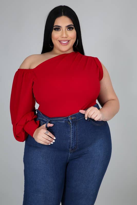 Black Pearl Clothing - Wholesale Blouse - Women's - PLUS SIZE ONE SHOULDER PUFF SLEEVE TOP2