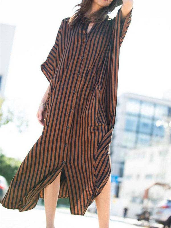 Sheer Trend - Wholesale Dress - Women's - Batwing Sleeves Half Sleeves Buttoned Pockets Striped Round-Neck Beach Cover-Up Maxi Dresses5