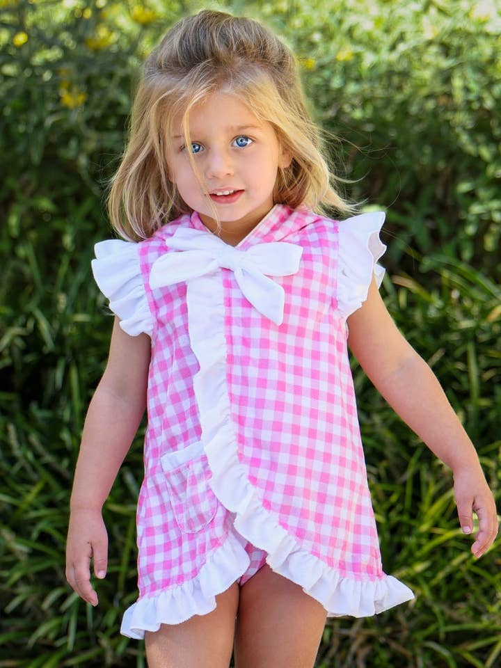 Saída de Praia para Meninas - Xadrez Rosa com Babados por atacado de Sugar Bee Clothing
