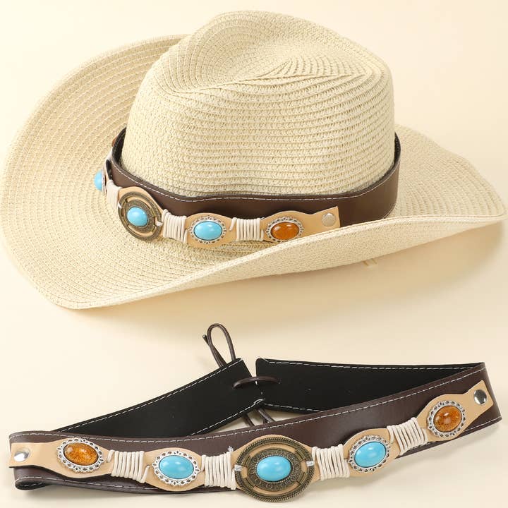 SP Sophia Collection - Wholesale Hat Accessory - Women's - Western Turquoise Concho woven Leather Hat Band