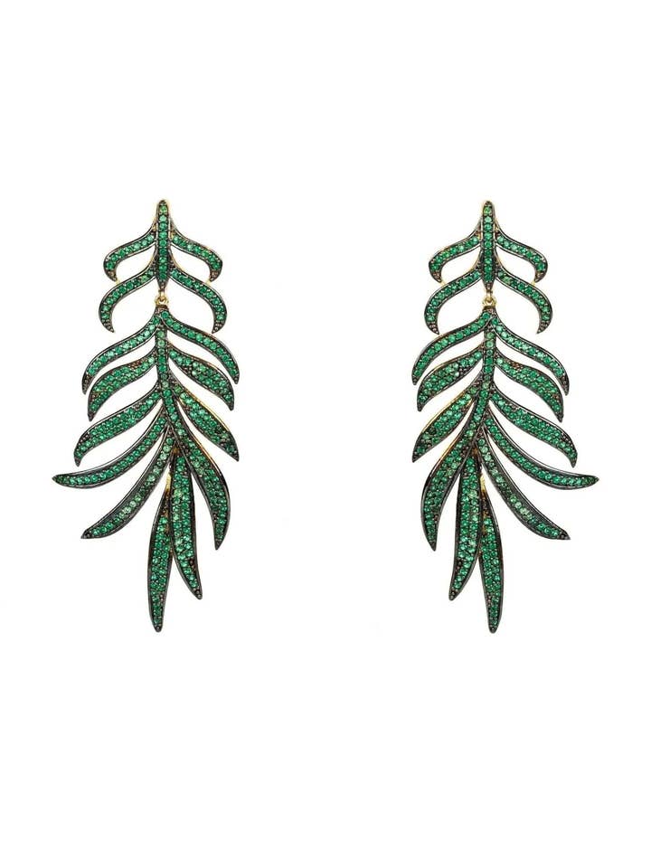 Feathered Leaf Statement Drop Earrings Green Cz for wholesale by Latelita