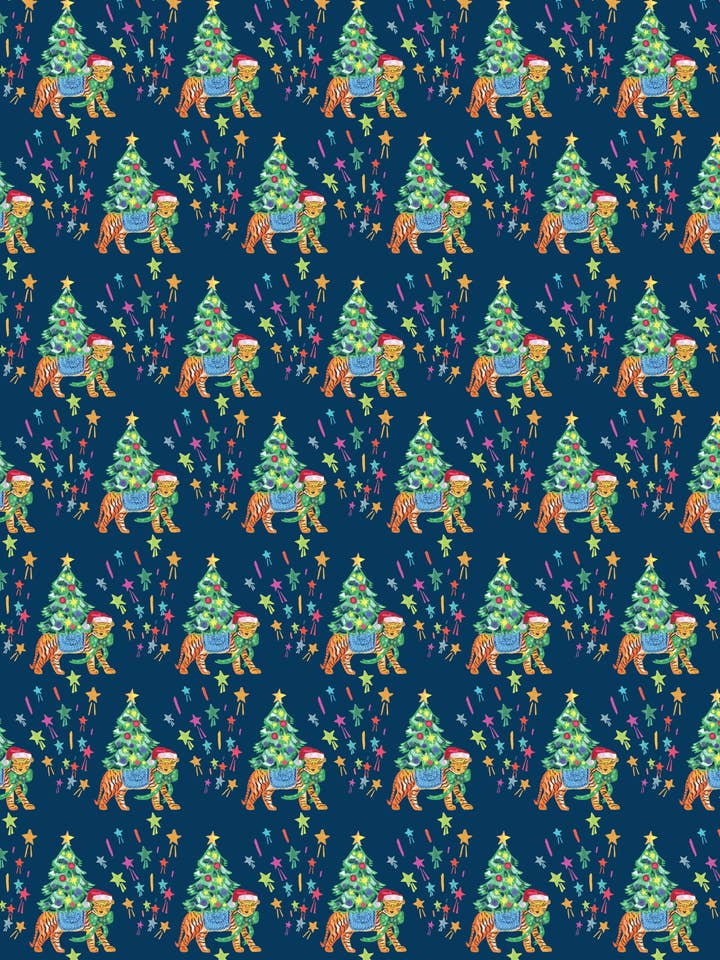 Papel de regalo navideño de lujo 'Estrella fugaz de tigre festivo' para venta al por mayor de Hutch Cassidy (Greetings Cards and Paper Goods)