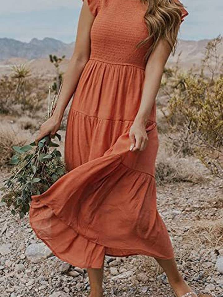 NINEXIS - Wholesale Dress - Women's - CWDMD2568_FLYING SLEEVE SHIRRED LAYERED SHORT SLEEVE DRESS
