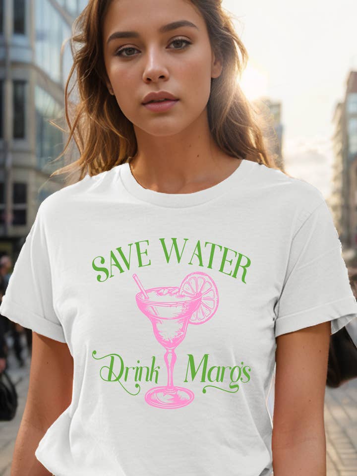GRAPHIC T-SHIRT SAVE WATER DRINK MARGS PRINT for wholesale by Burgundy Apparel