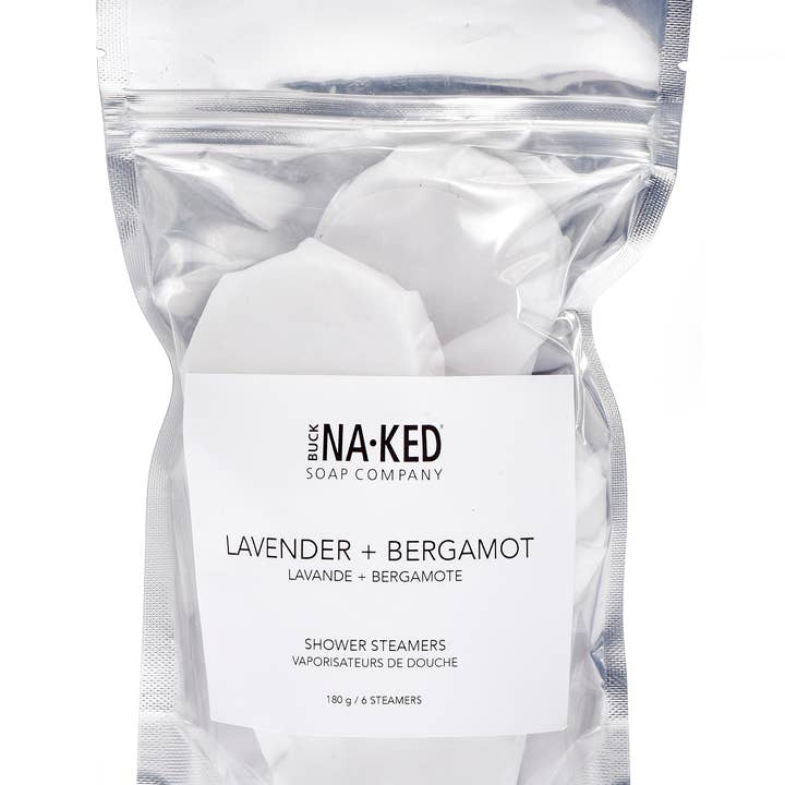 Lavender + Bergamot Shower Steamers for wholesale by Buck Naked Soap Company